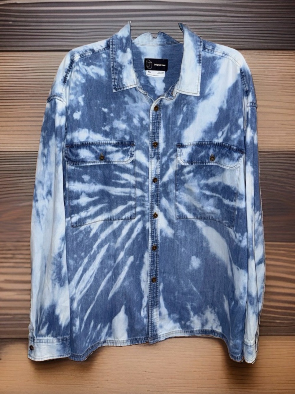 Original Use Men’s Oversized Blue Tie-Dye Denim Button-Up Shirt-XL-EC